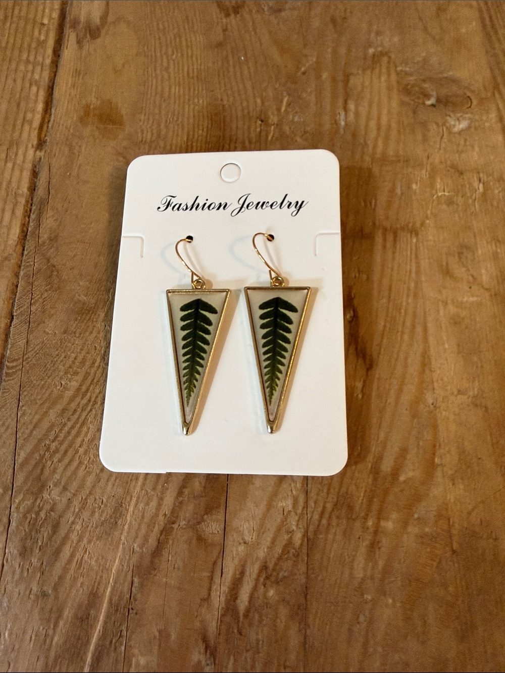Green Leaf Triangle Drop Earrings with Gold Trim - Fashion Jewelry